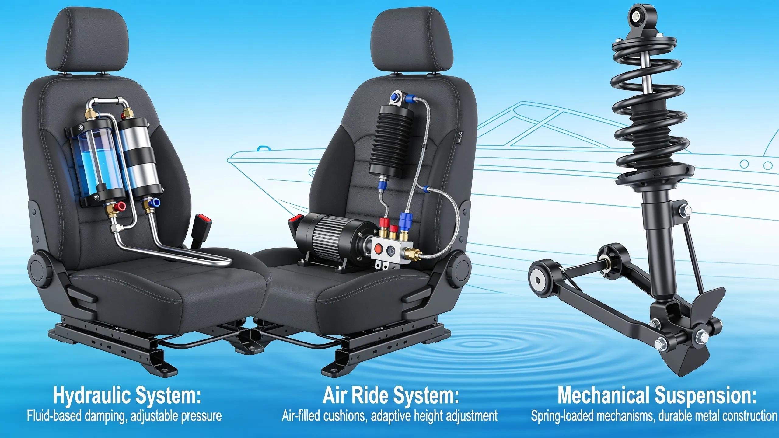 Visual guide to various shock absorber technologies used in boat seat suspension systems